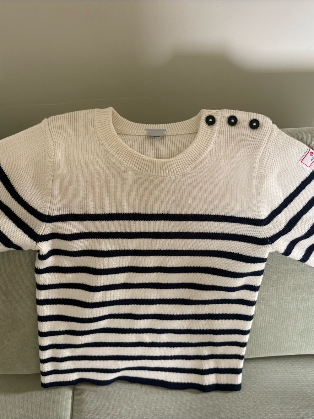 Cream and Navy Striped Short-Sleeve Sweater with Shoulder Buttons